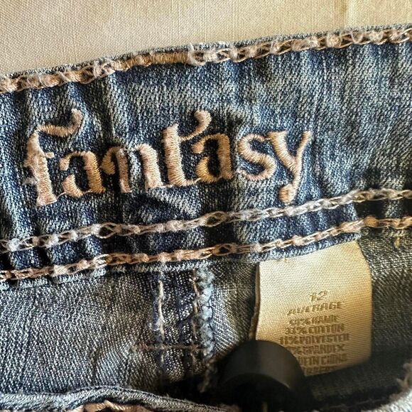 2000s Fantasy Mid Wash Flare Jeans Embroidered Stitching Pocket Sz 12 Indie Boho - Picture 3 of 5